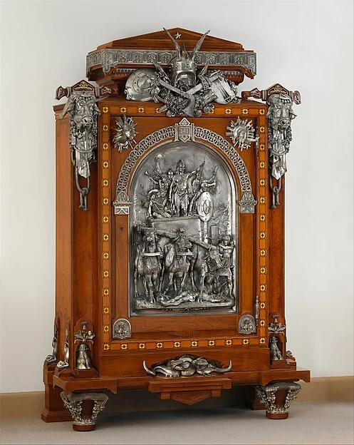 Silver-mounted walnut display cabinet